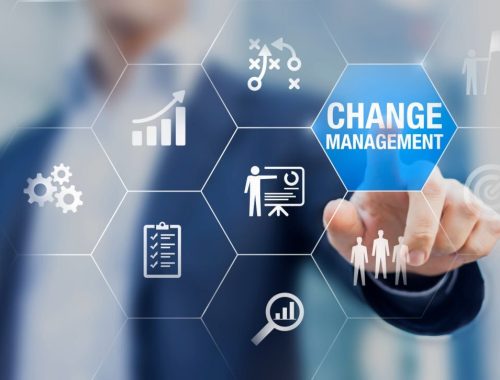 Change management in organization and business concept with consultant presenting icons of strategy, plan, implementation, communication, team, success. Organizational transition and transformation