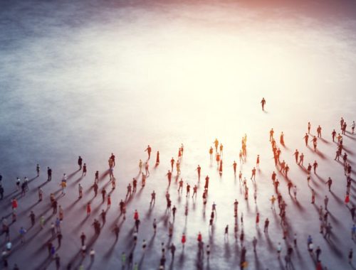 People follow a leader. Community of followers. 3D illustration